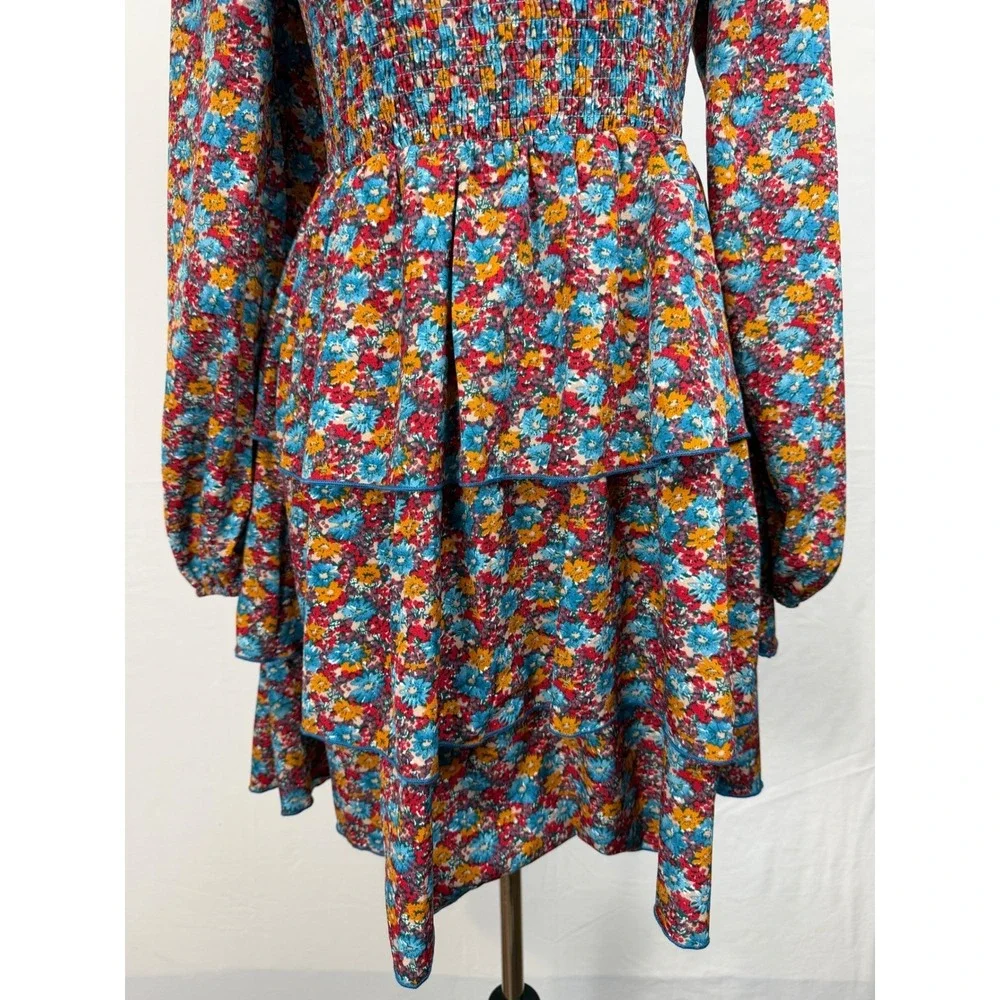 BTFBM Women's Mini Dress Floral Smocked Tiered Cottagecore Square Neck Small NWT